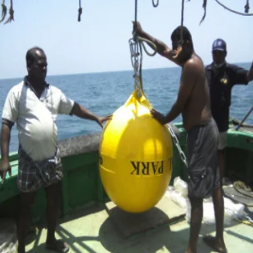 A National Park buoy lifted and readied for lowering