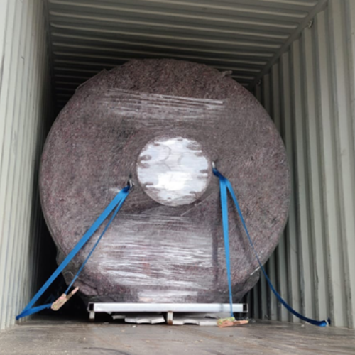 Wrapped and strapped inside the container, ready to ship: